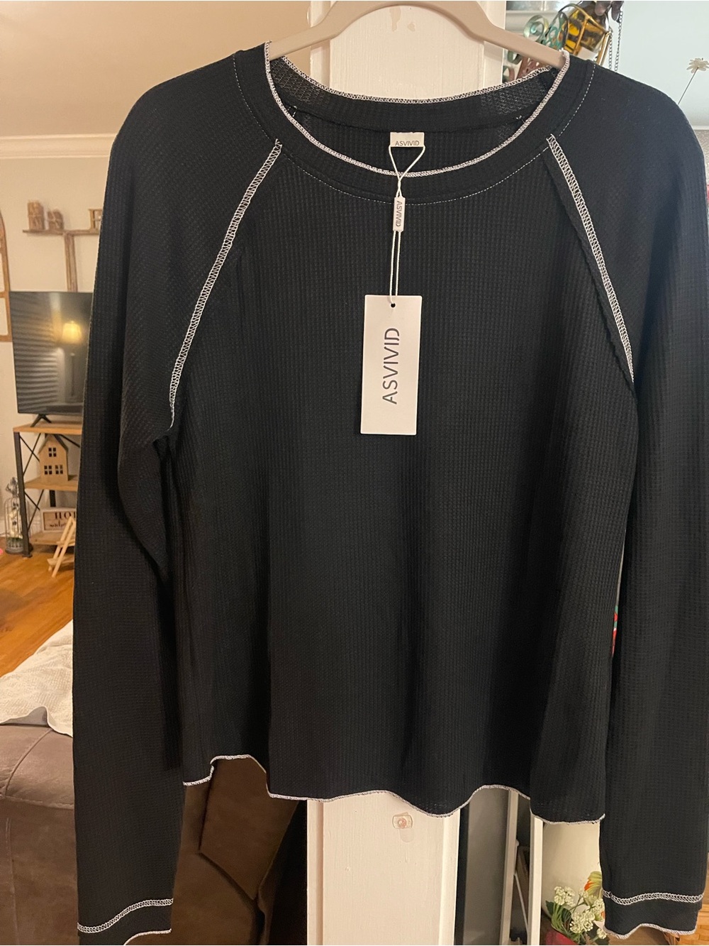 ASVIVID Black Women's Waffle Knit Long-Sleeve Tee